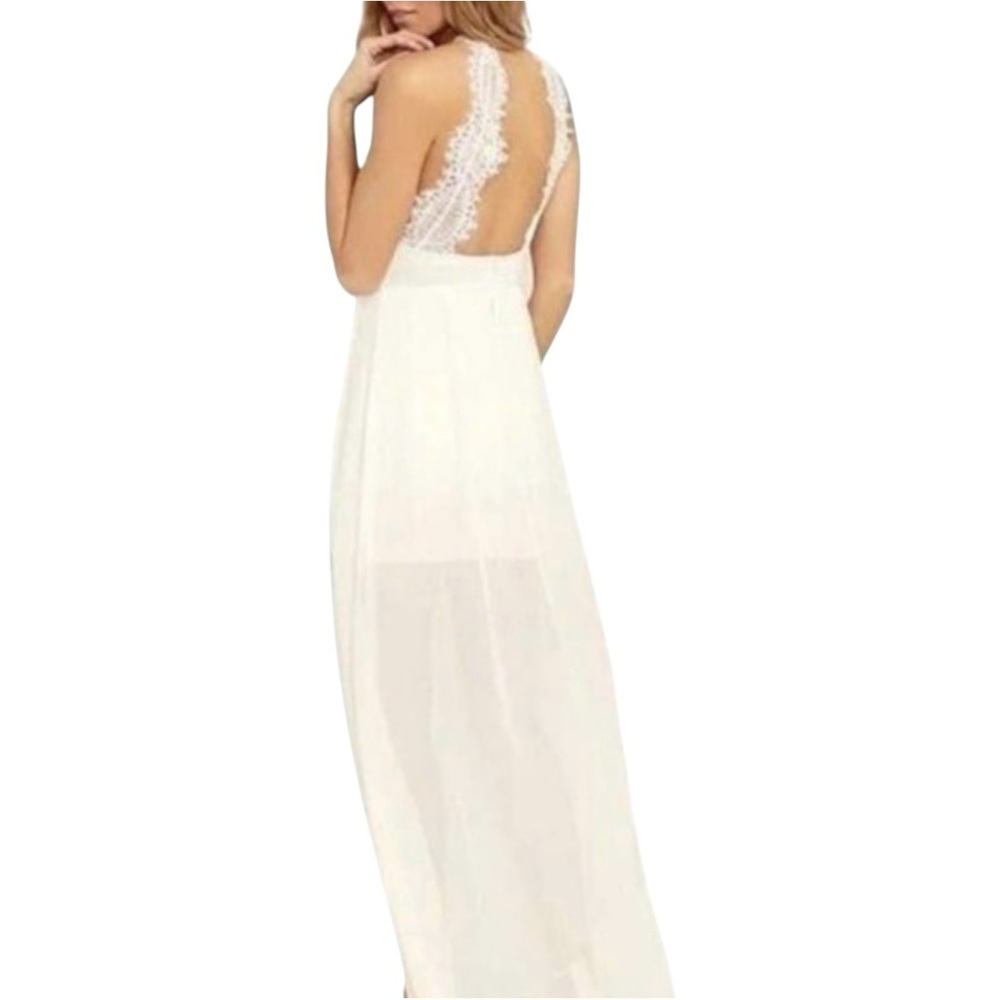Lulu's White Halter High-Low Maxi Dress with Lace Back Sz/L - Picture 3 of 10